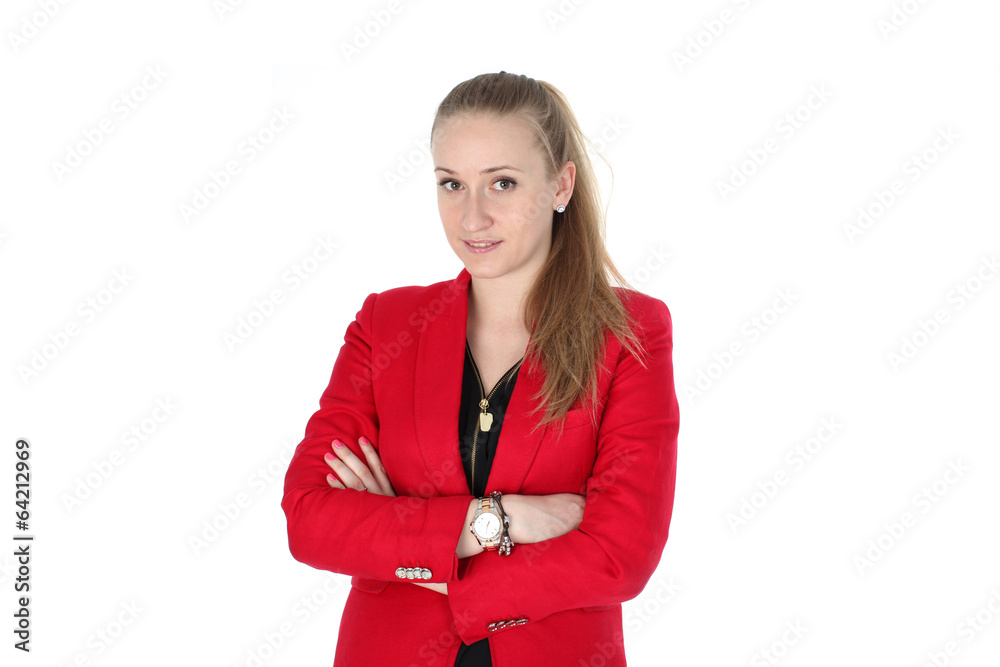 Casual woman in red coat smiling isolated on white background Casual woman in red coat smiling isolated on white background