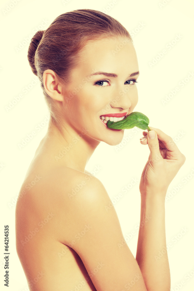 Beautiful caucasian topless woman with one green leaf. Beautiful caucasian topless woman with one green leaf.