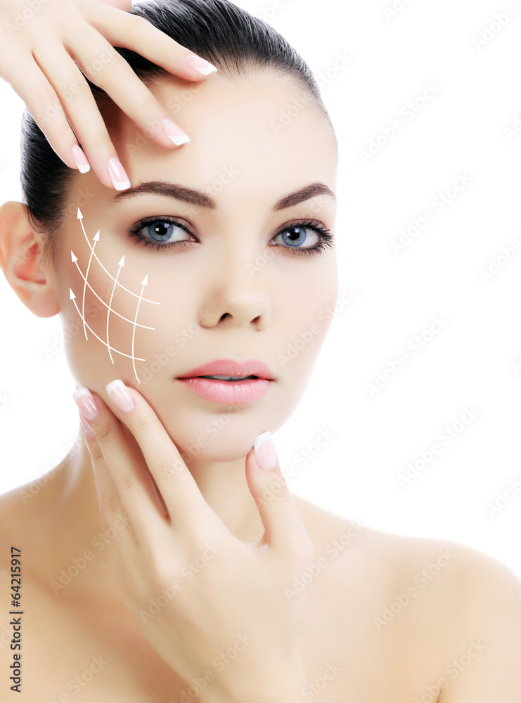Naklejka premium Young female with clean fresh skin, white background