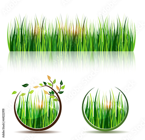 Grass and grass icons, beautiful meadow in round shapes with sun
