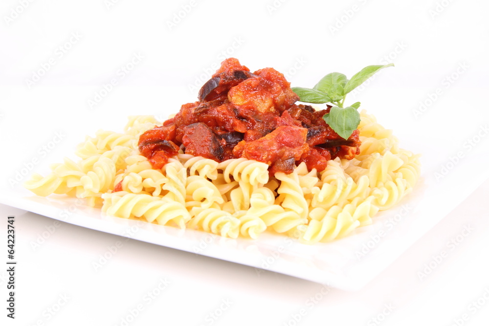 Fusilli pasta with pork & eggplant sauce Fusilli pasta with pork & eggplant sauce