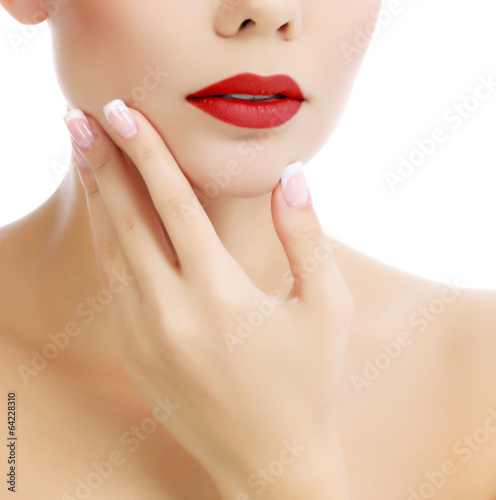 Part of female face and hands, white background, copyspace