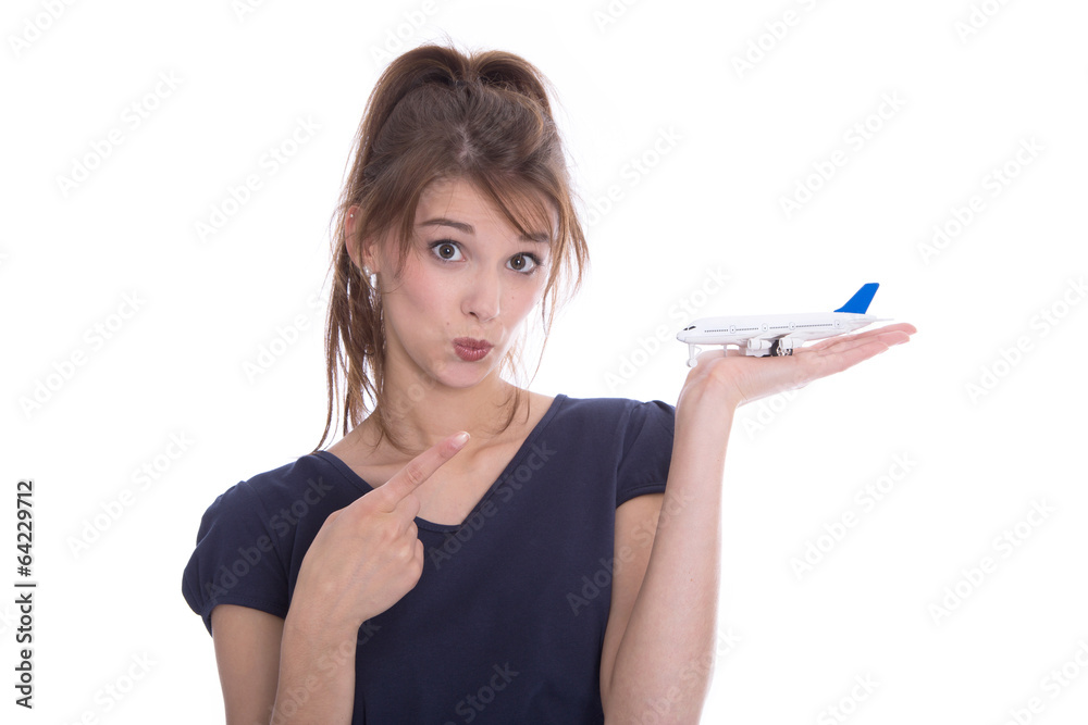 Junge Frau hat Angst vorm Fliegen - isoliert in blau auf weiß Junge Frau hat Angst vorm Fliegen - isoliert in blau auf weiß