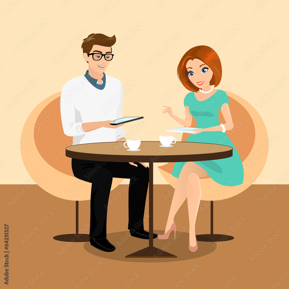 Young man and woman playing with tablet pc in the restaurant. Young man and woman playing with tablet pc in the restaurant.