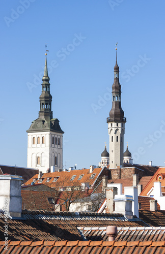 Towers of St. Nicholas church and Town Hall in Tallinn, Estonia