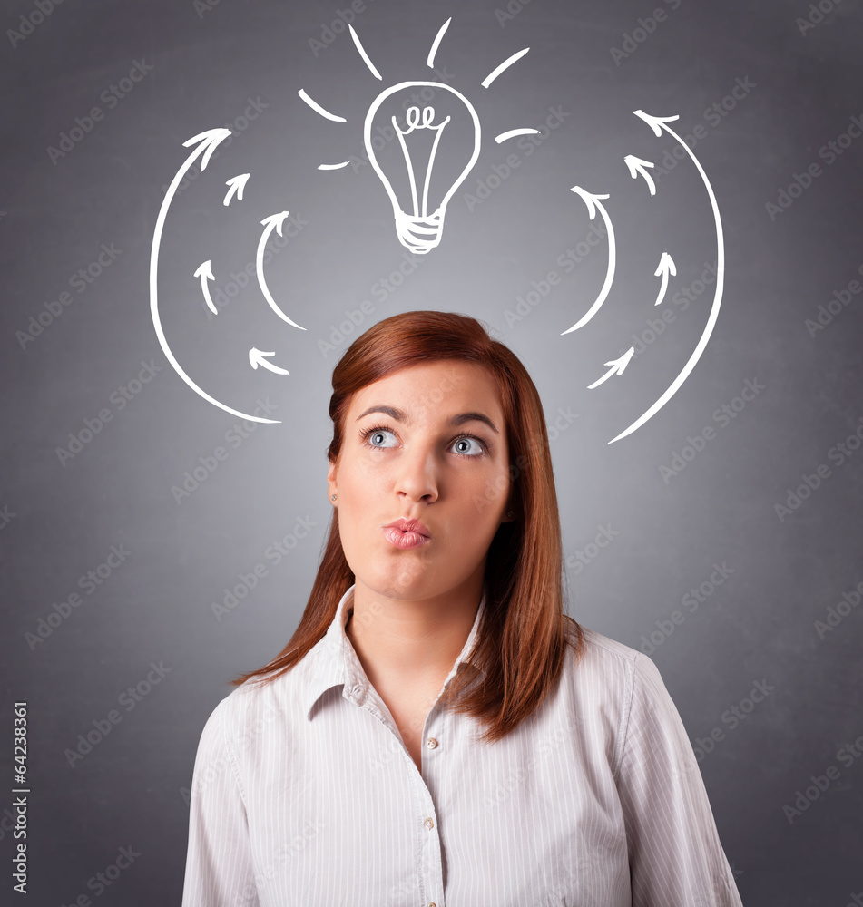 Pretty lady thinking with arrows and light bulb overhead