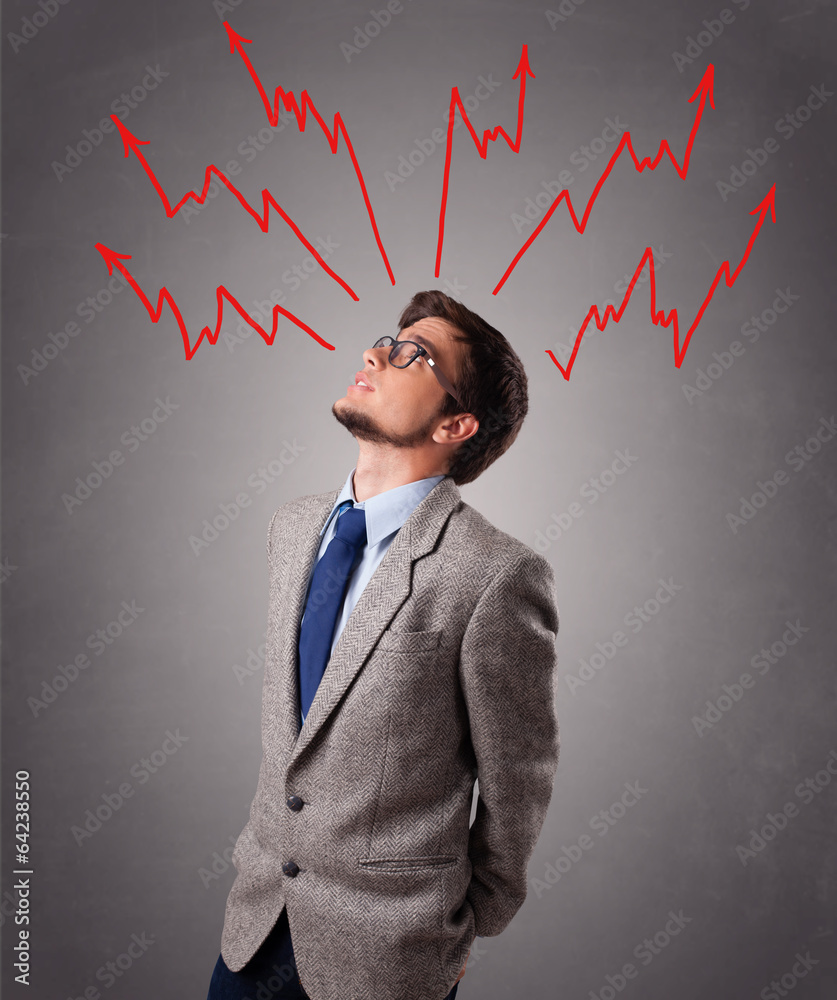 Handsome man thinking with arrows overhea Handsome man thinking with arrows overhea