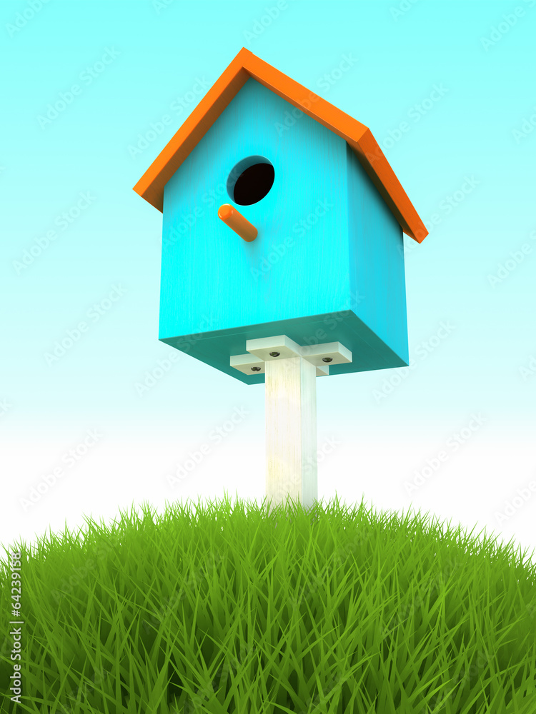 Blue nesting box in the grass