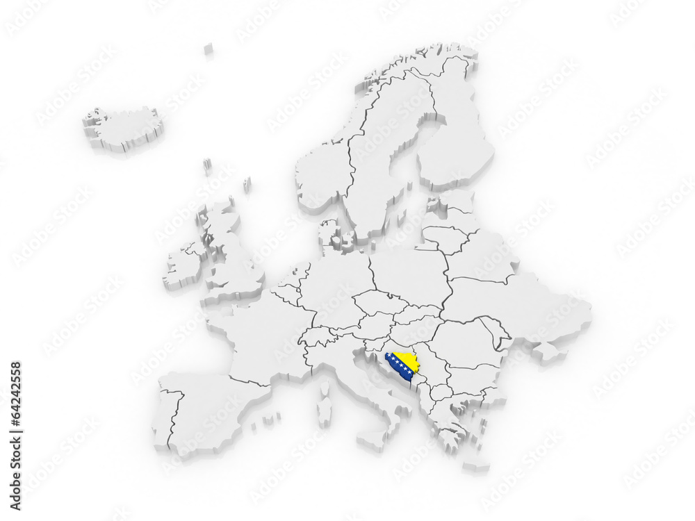 Map of Europe and Bosnia and Herzegovina.