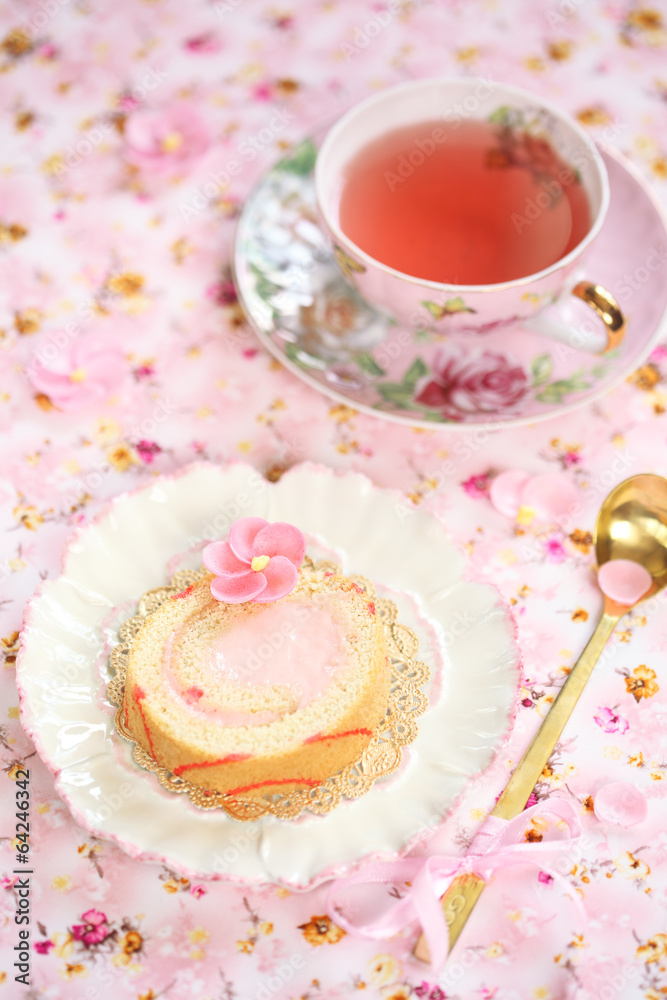 Piece of Deco Roll Cake with strawberry cream filling Piece of Deco Roll Cake with strawberry cream filling