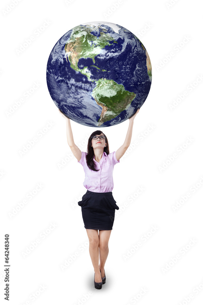 Businesswoman holding the earth isolated Businesswoman holding the earth isolated