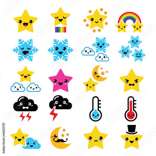 Cute weather kawaii icons -star, rainbow, moon, snowflake