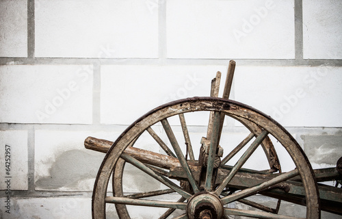 Vintage Old Wooden Ploughe with Renaissance Sgrafito Wall on Bac photo