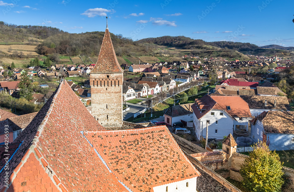 Aerial view of Mosna Vilage and church tower Aerial view of Mosna Vilage and church tower