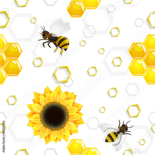 Sunflowers and bees over honeycombs pattern