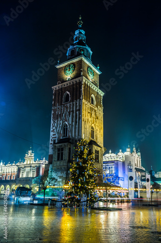 Poland, Krakow. Market Square at night.