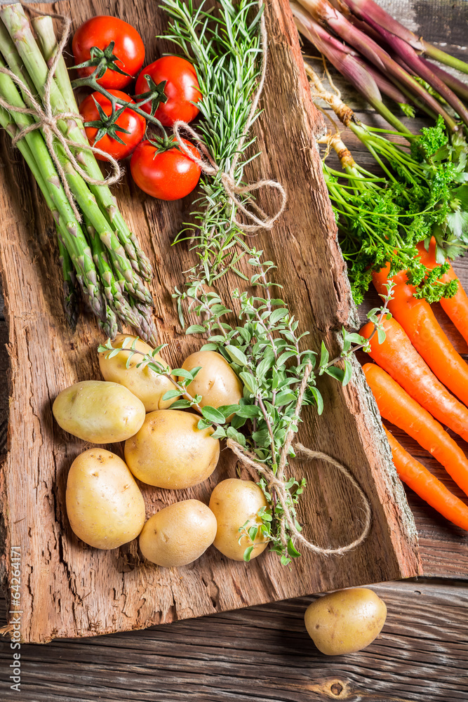 Various fresh vegetables on bark Various fresh vegetables on bark