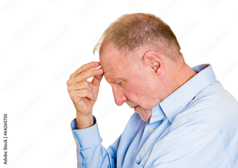 Side view portrait, headshot, depressed, senior, lonely man