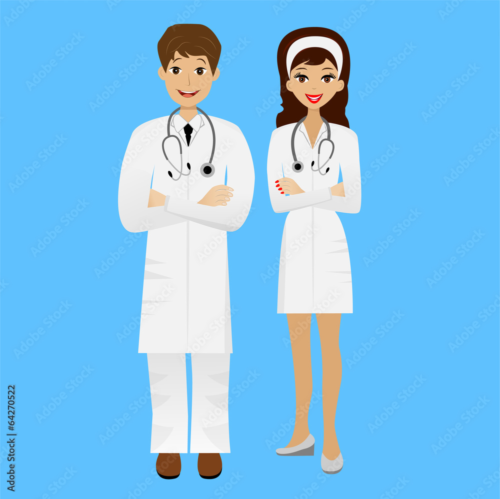 two young doctors man and woman on blue background two young doctors man and woman on blue background
