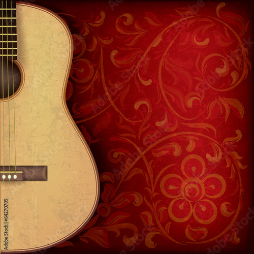 grunge music background with guitar and floral ornament