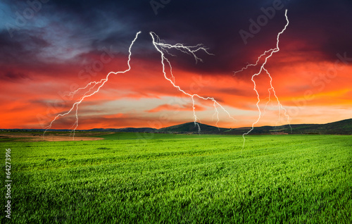 Thunderstorm with lightning in green meadow