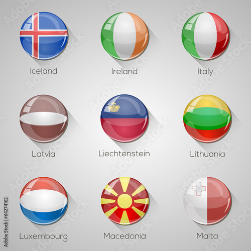 European flags set glossy buttons with long shadows. Part 3