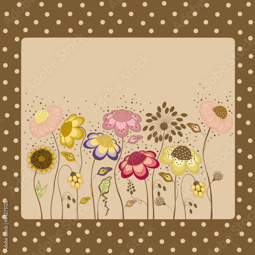 Abstract floral card on brown background with dots