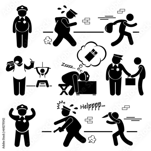 Big Fat Lazy Police Cop Stick Figure Pictogram Icon Cliparts