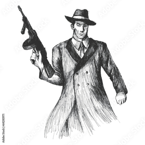 Sketch illustration of a man holding a thompson gun