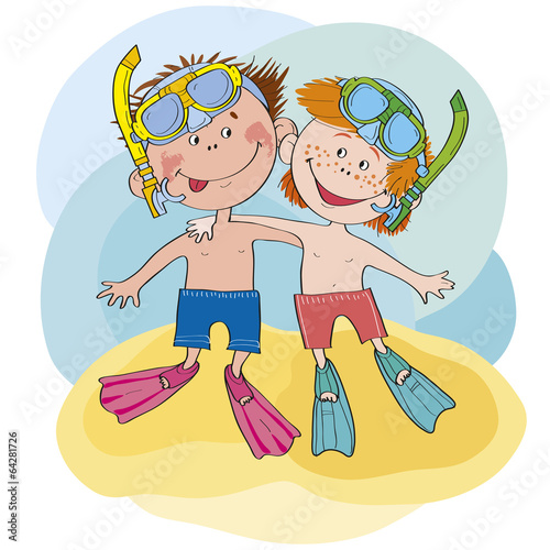 2 boys sit on a beach skin diving.Separate layers for editing