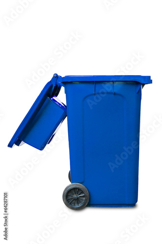 Large open lid blue garbage bin on white background