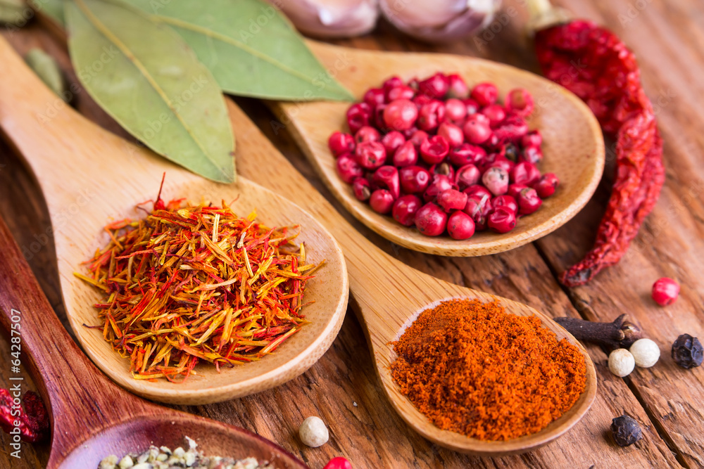 Different spices in the spoons Different spices in the spoons
