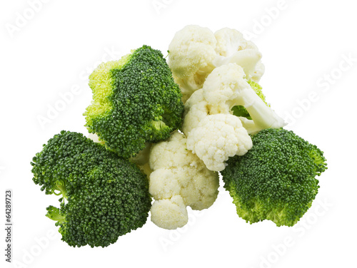 cauliflower and broccoli pieces on white background