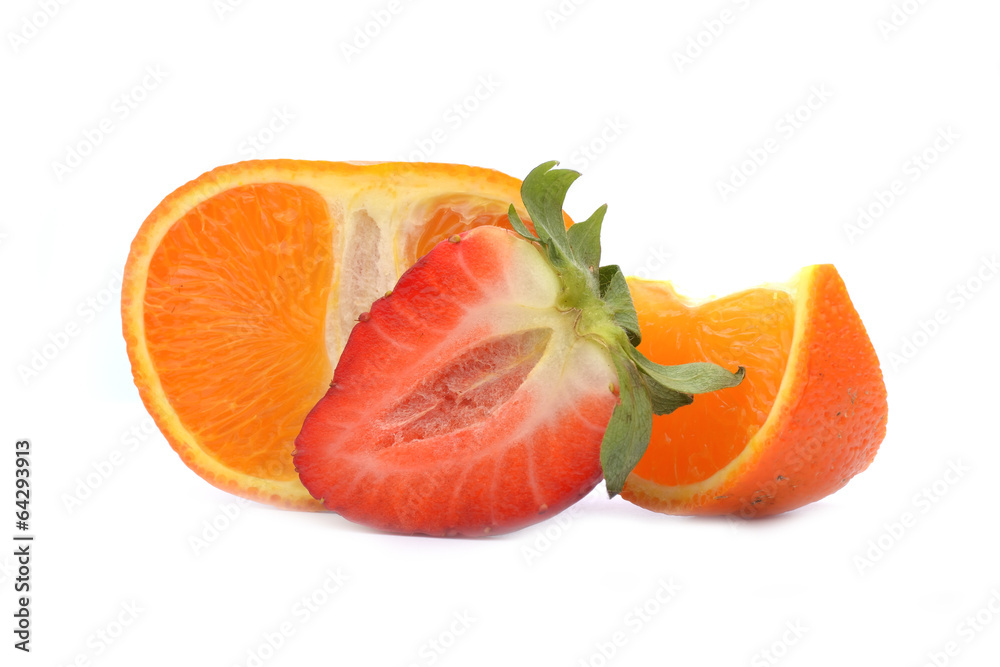 Strawberries and tangerine isolated on white background