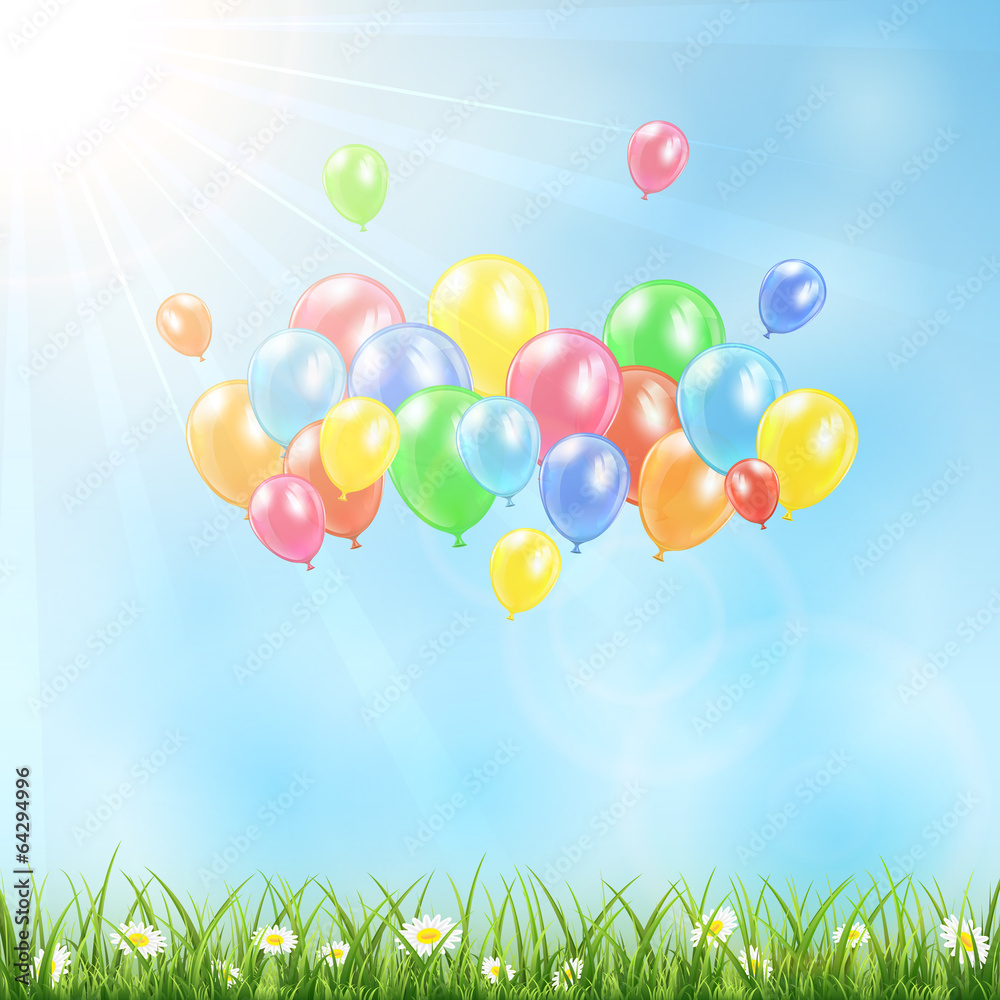 Sunny background with grass and balloons