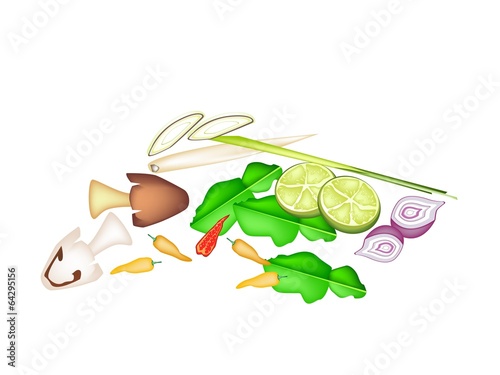 Stack of Tom Yum Ingredient on White Background