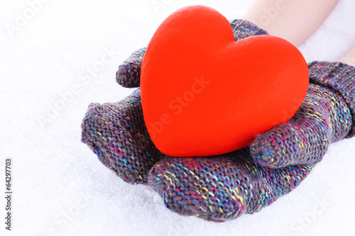 Female hands in mittens with heart on snow background