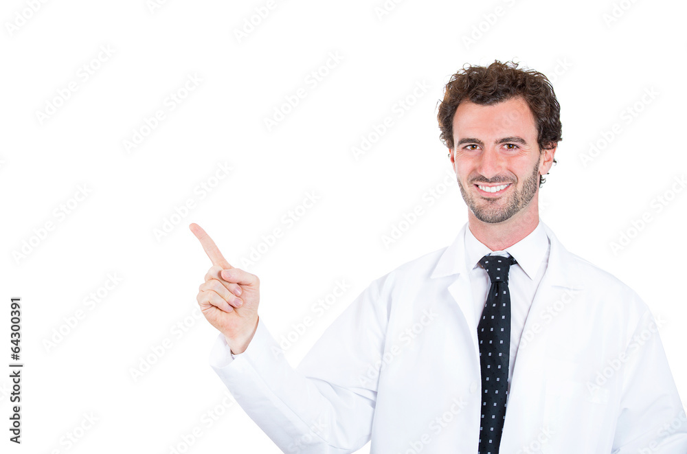Happy advertising doctor, pouting at blank white copy space Happy advertising doctor, pouting at blank white copy space