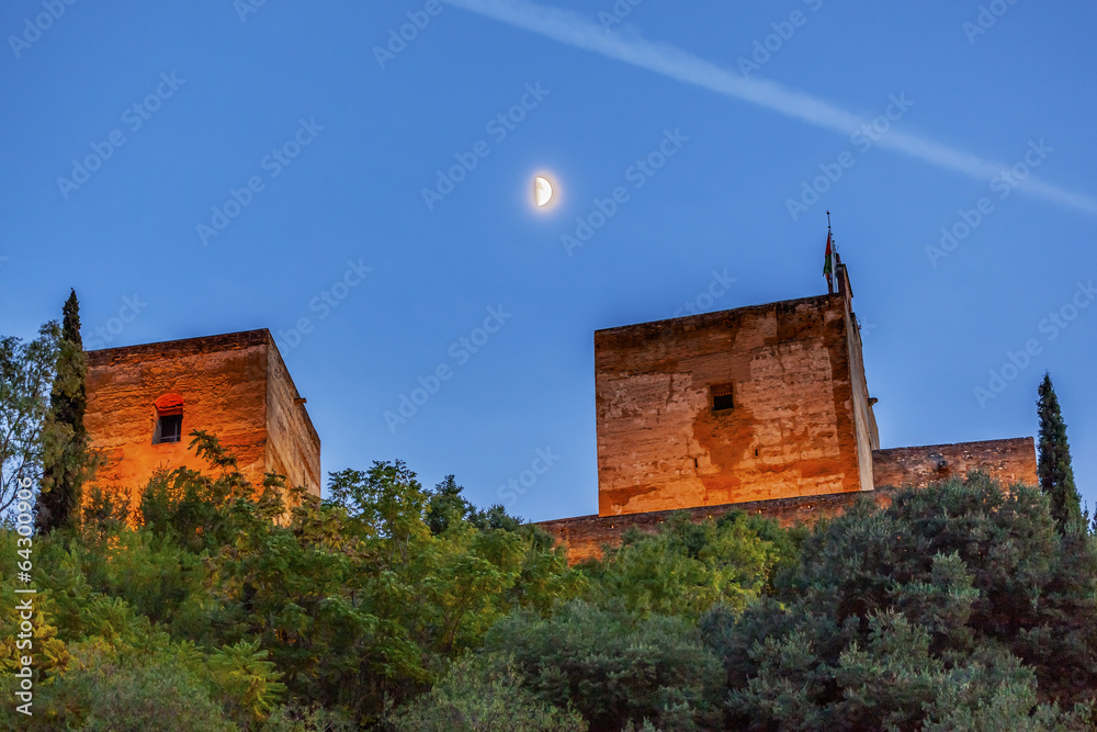 Alhambra Towers Moon Flags Albaicin Granada Andalusia Spain