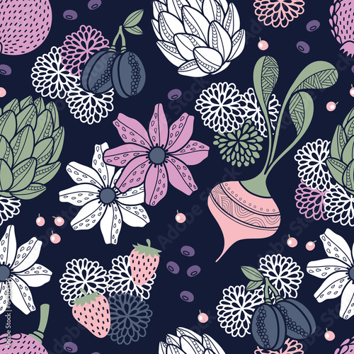Flowers, vegetables and fruits seamless pattern