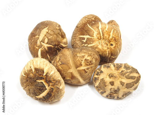 Dry dried mushrooms isolated on white background. Selective focu