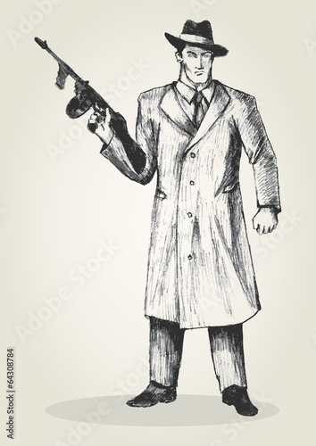Sketch illustration of a man holding a thompson gun
