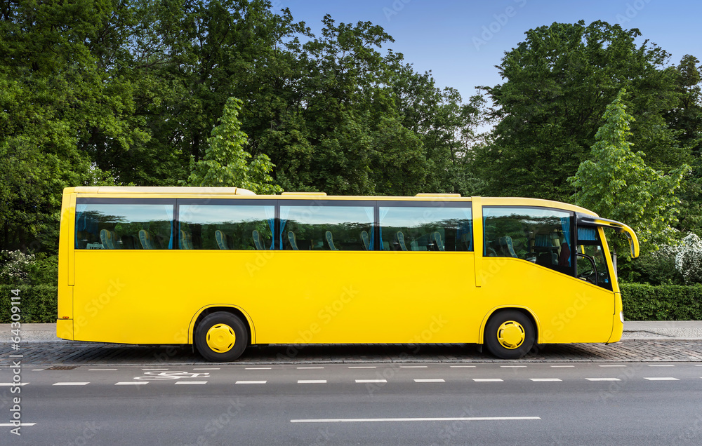 Gelber Reisebus vor Wald