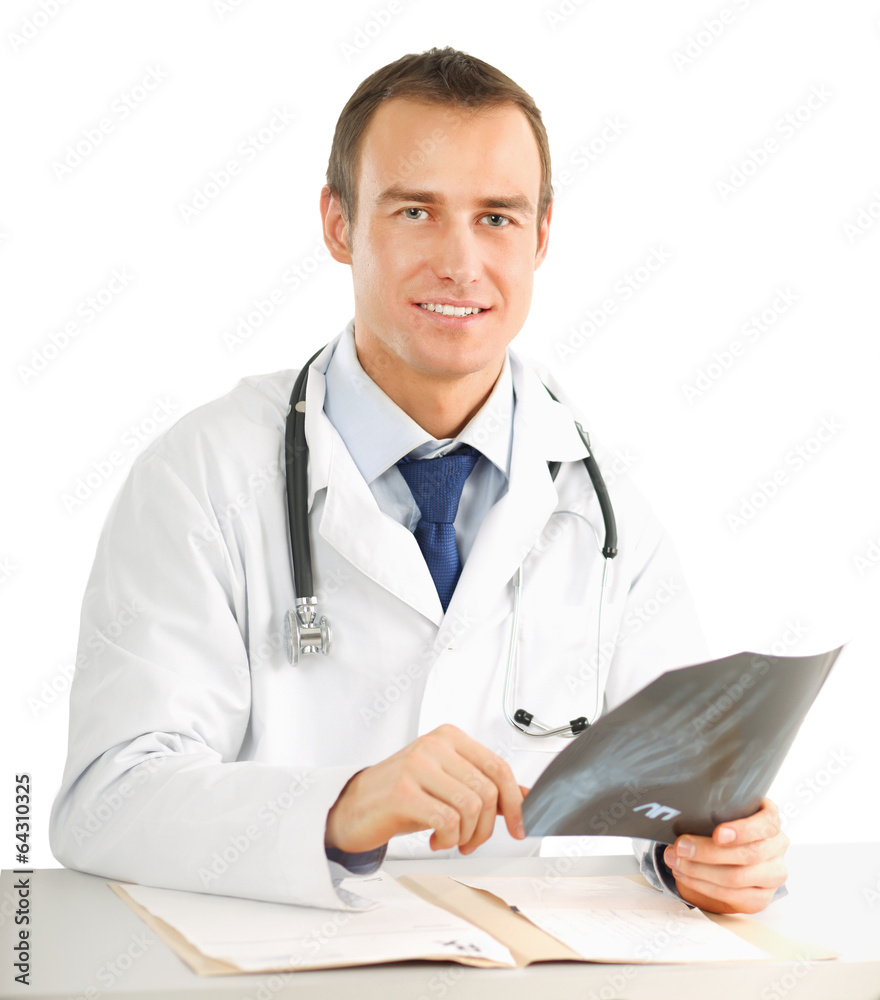 Doctor looking at x-ray on white background Doctor looking at x-ray on white background