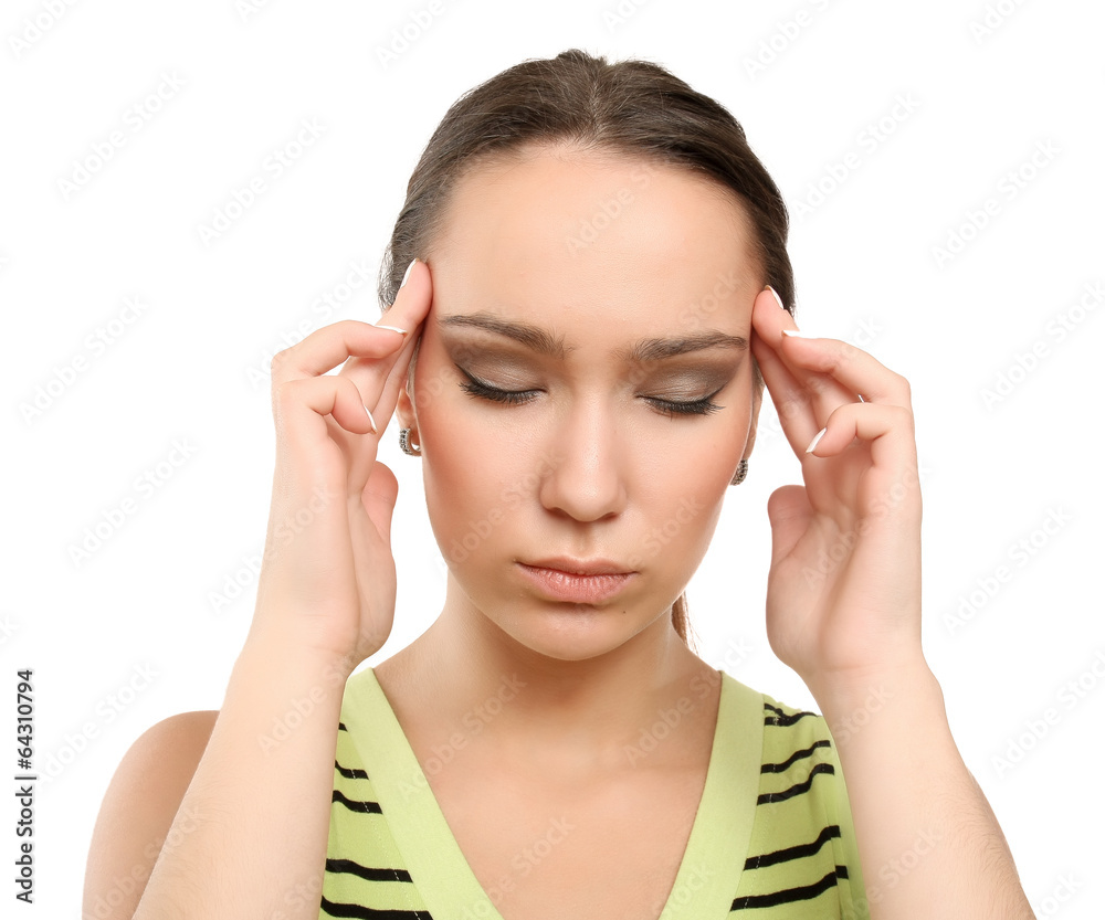 Young woman with head pain on white background Young woman with head pain on white background