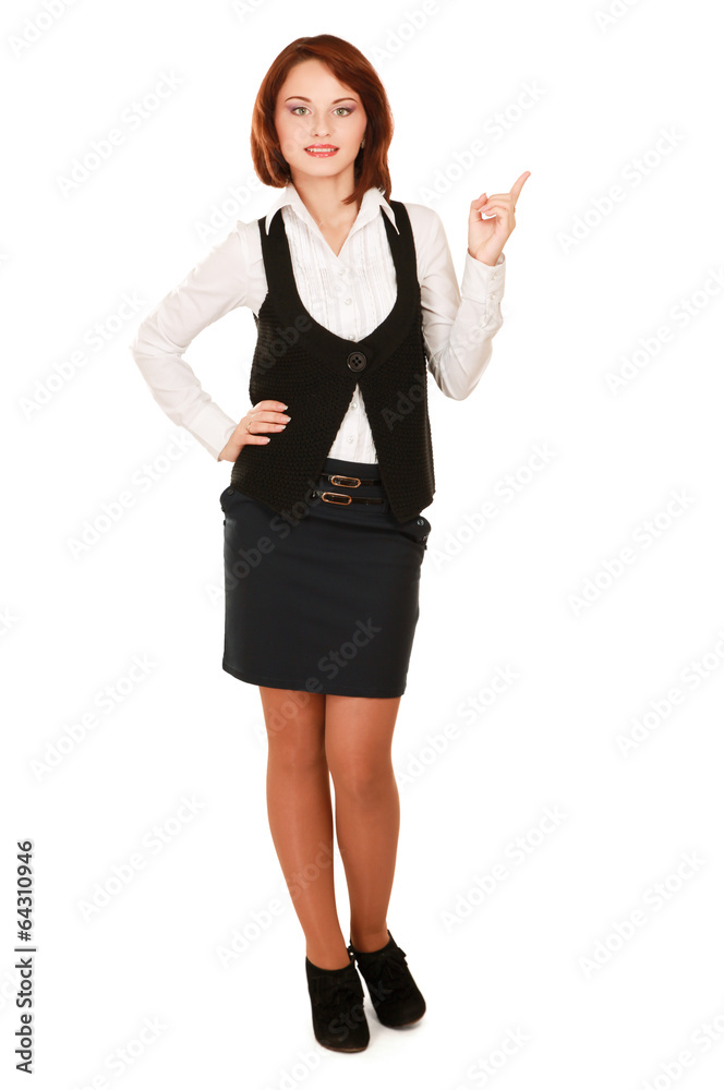 A full length portrait business woman shows something A full length portrait business woman shows something