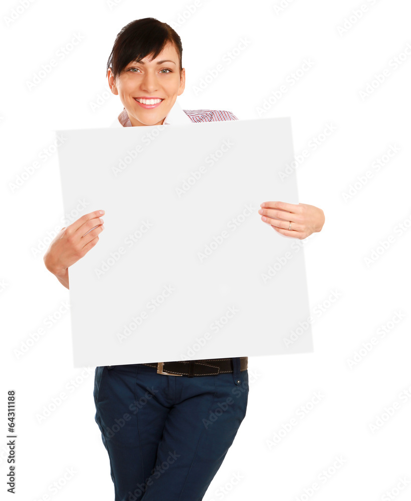 Beautiful young woman holding empty white board. Beautiful young woman holding empty white board.