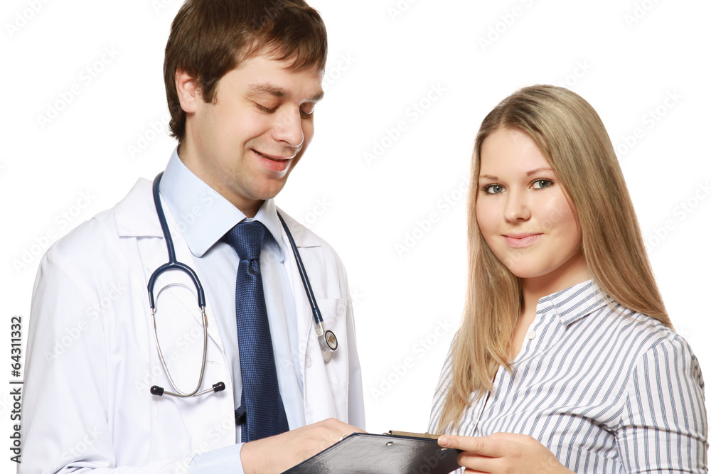 A doctor and a patient isolated on white background.