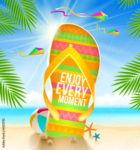 Flip-flop with summer greeting on the tropical beach