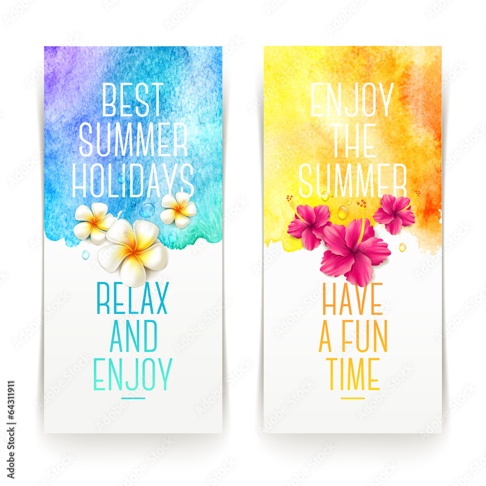 Summer holidays watercolor banners with tropical flowers - obrazy, fototapety, plakaty 